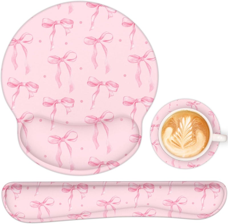 JIGOO Ergonomic Mouse Pad with Wrist Rest and Keyboard Wrist Rest, Mousepad and Wrist Rest for Computer Keyboard, Non-Slip Rubber Base, Mouse Pad Wrist Support for Gaming, Pink Bow - Image 1